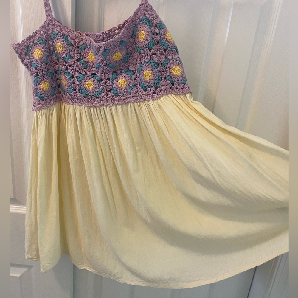 ASOS DESIGN | Crochet Granny Square Babydoll Dress | Cream/Yellow/Purple | 4 - Picture 9 of 14